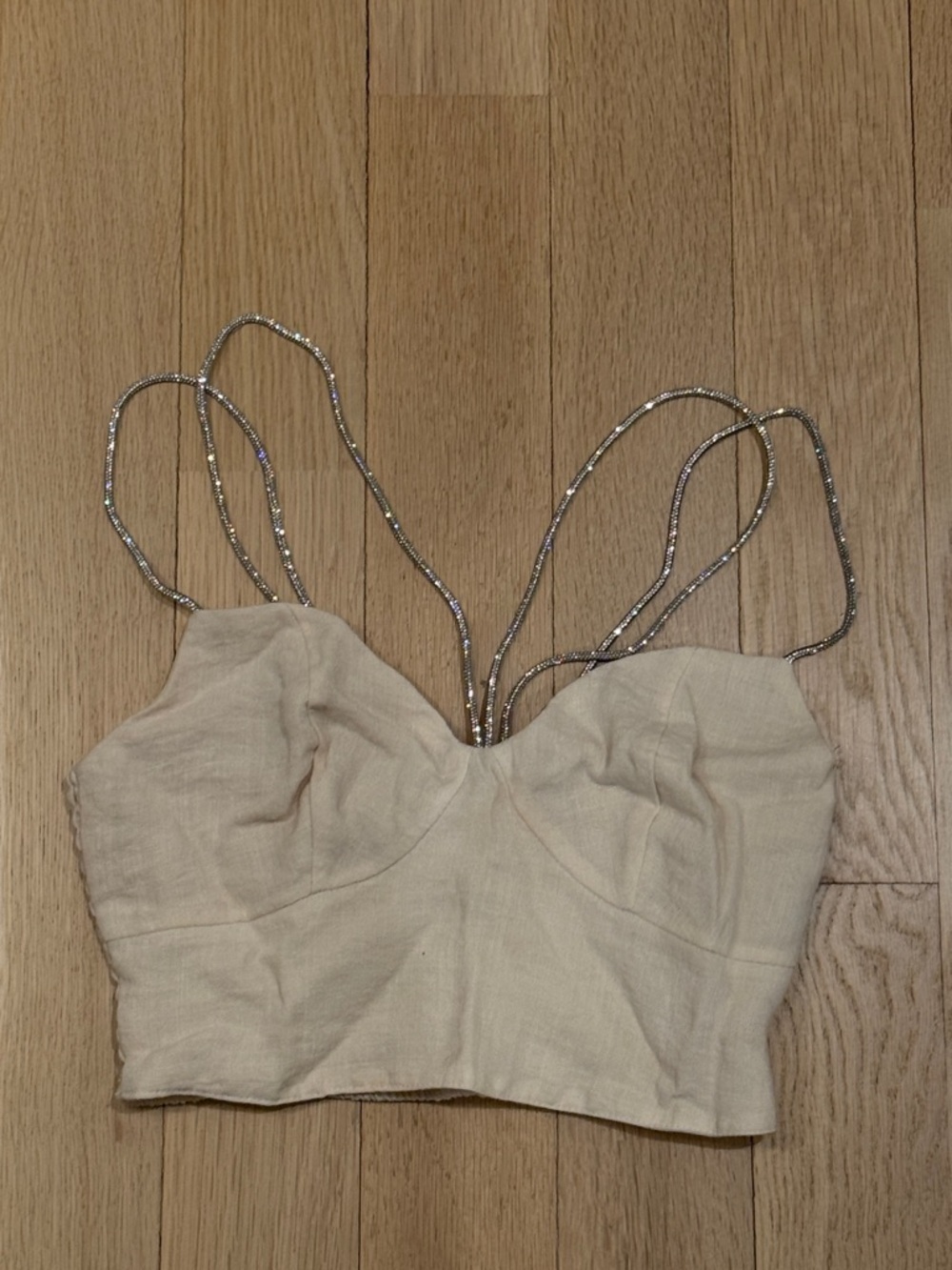 Women’s Cream Linen-Look Crop Tank with crystallized Straps